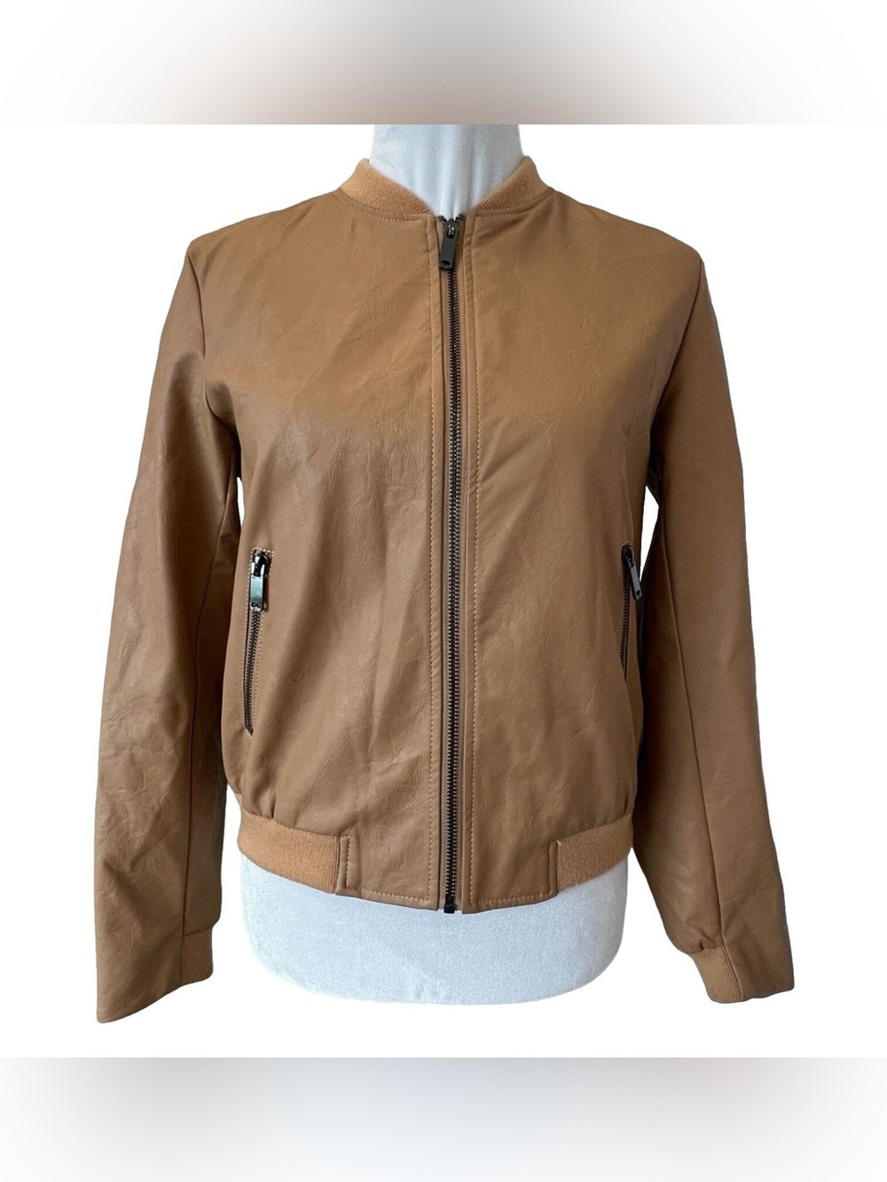 Zara Tan Leather Bomber Jacket